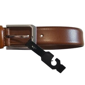 Mens Brown Perforated Genuine Leather Belt Silver Buckle 75-7564 Size 32